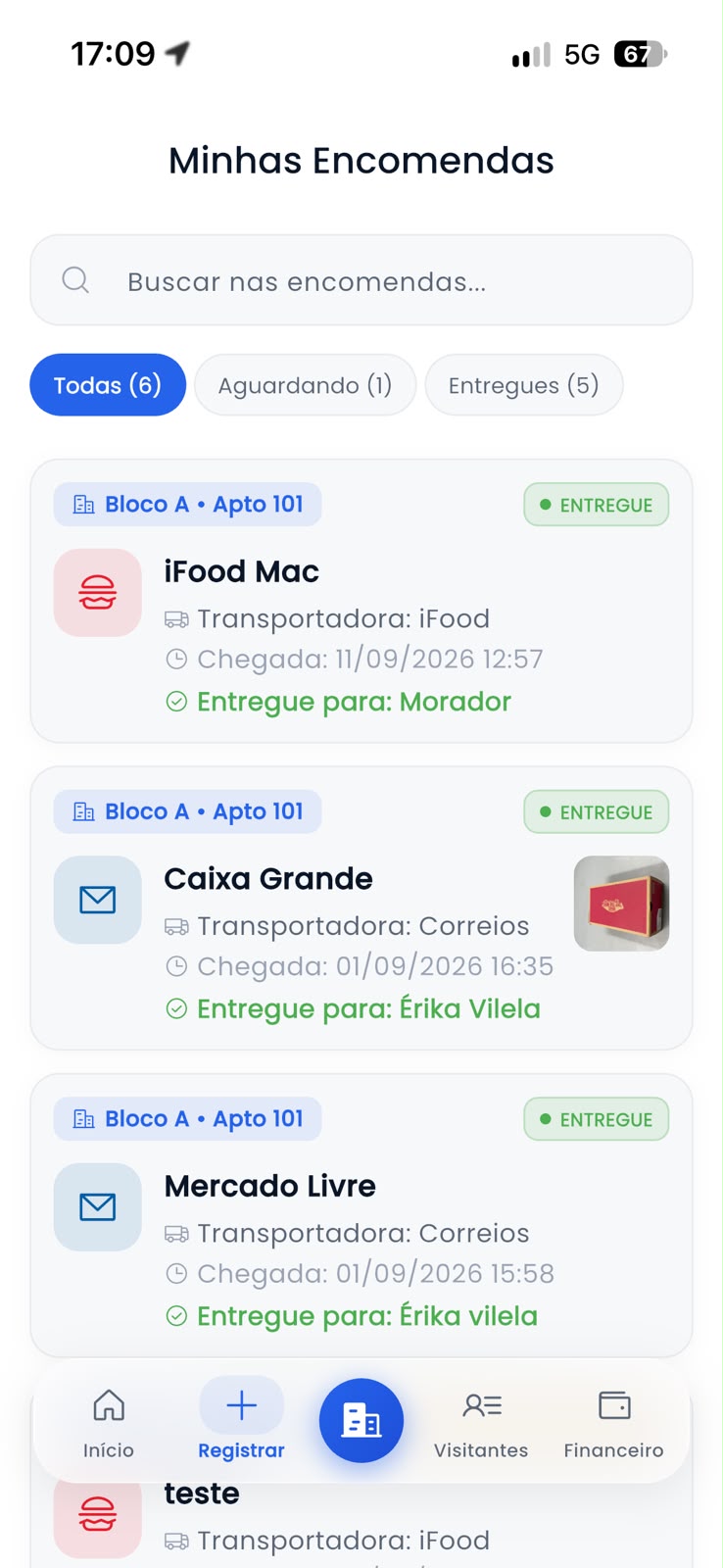 Tela de encomendas do app do morador — clique para ampliar
