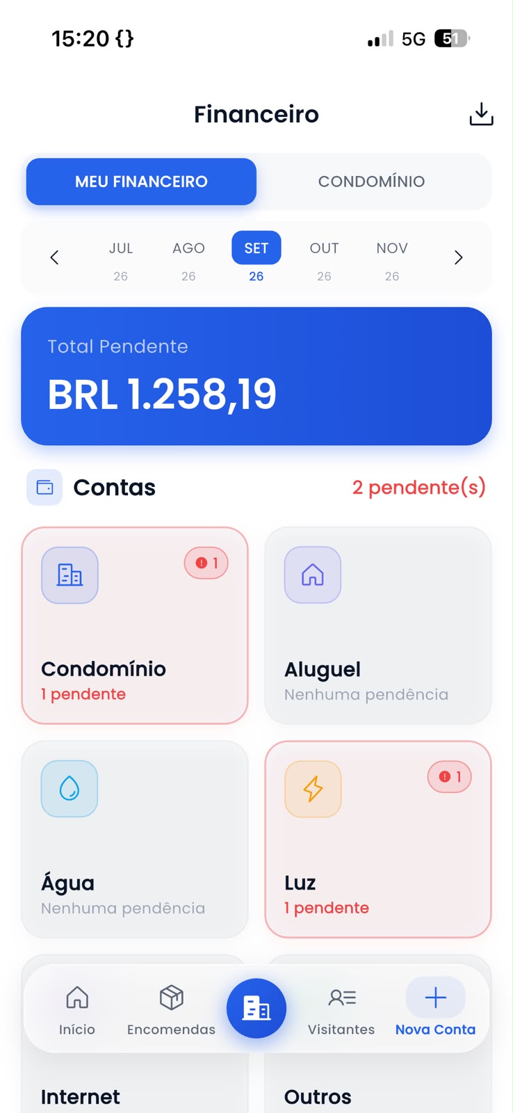 Tela do financeiro do app do morador — clique para ampliar