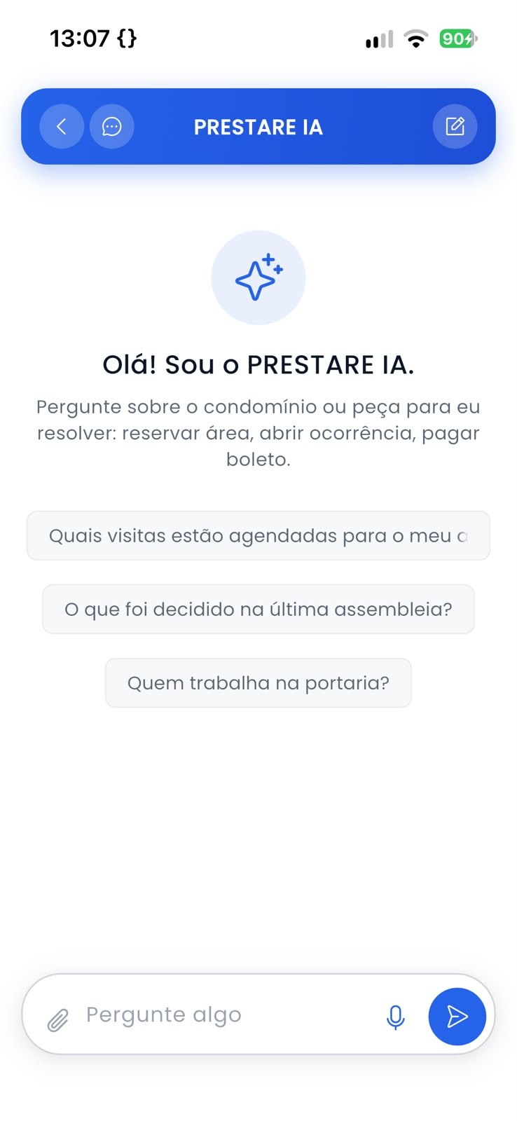 Tela do Prestare IA no app do morador — clique para ampliar