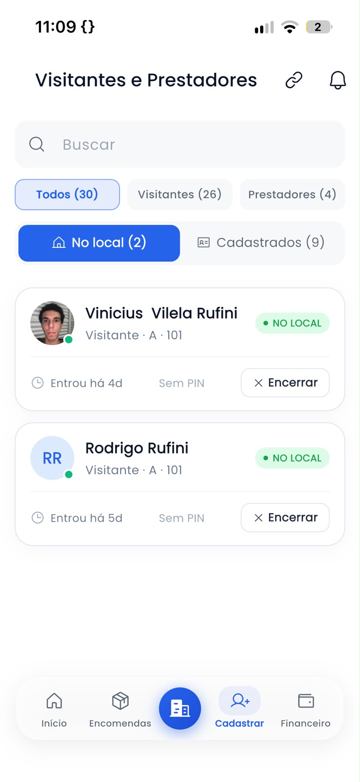 Tela de visitantes do app do morador — clique para ampliar