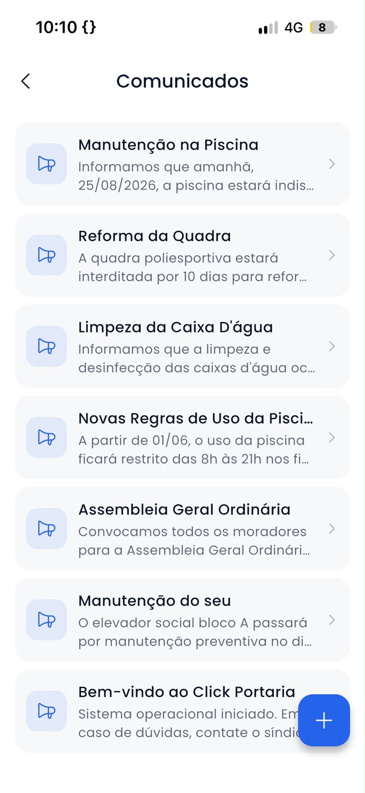 Comunicados no app da portaria — clique para ampliar