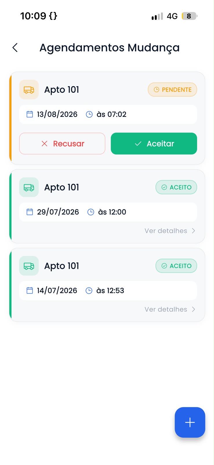 Agendamentos de mudança no app da portaria — clique para ampliar